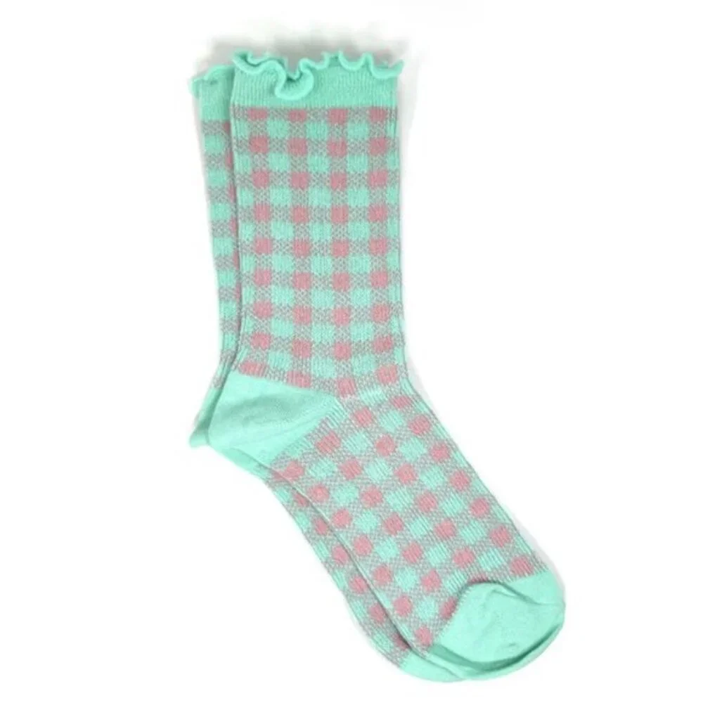 NWT Sweet Cheek Teal Checkered Ruffle Crew Socks - Picture 5 of 5